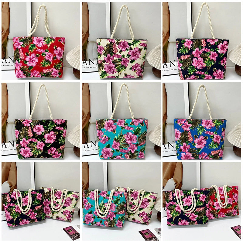 Women's Canvas Flower Classic Style Square Zipper Tote Bag