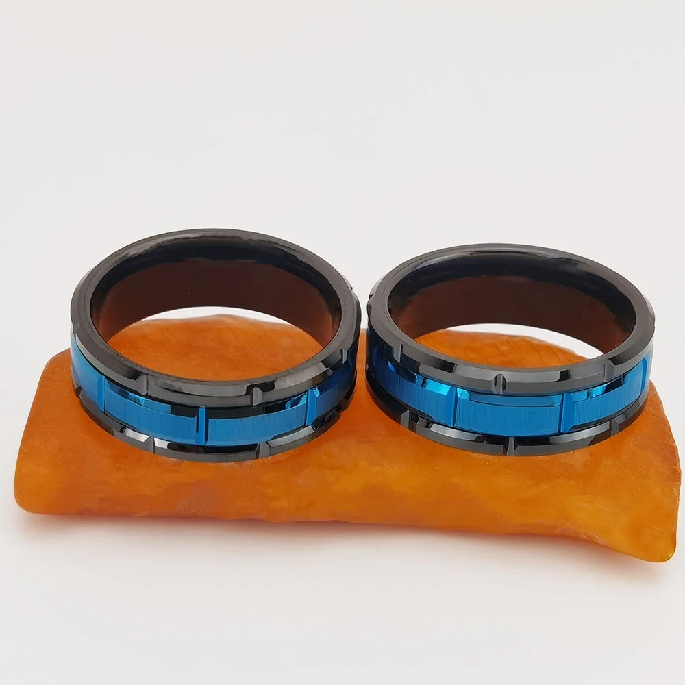 8MM Tungsten Carbide Irregular Groove Blue Middle Black Couple Bands Womens Or Mens