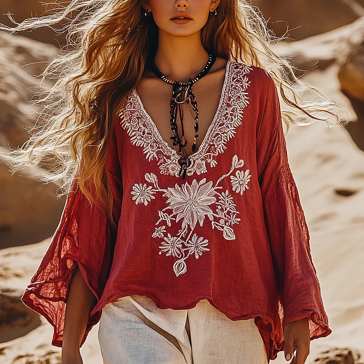 Desert Style Holiday Bohemian Vintage Linen Casual Top
