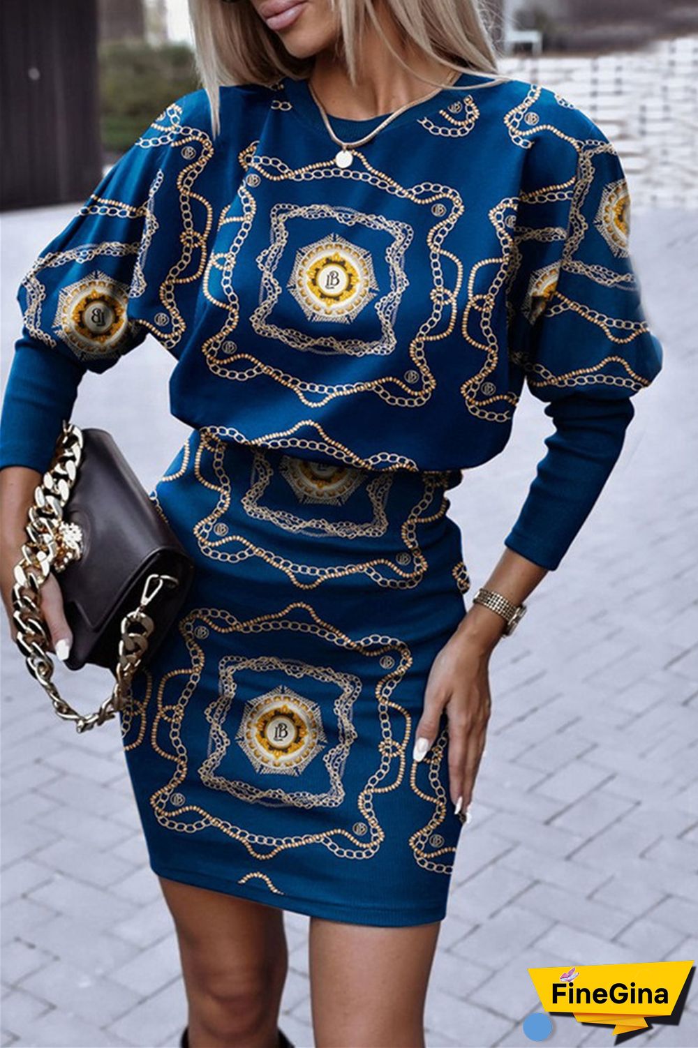 Dark Brown Casual Print Patchwork O Neck Long Sleeve Dresses