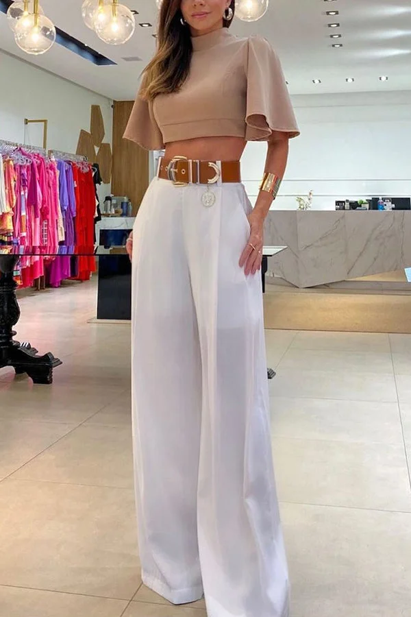 Natti Bell Sleeve Crop Top and Pocketed Wide Leg Pants Set
