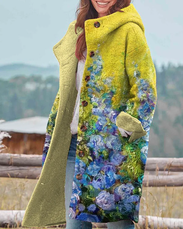 Vintage Floral Art Print Hooded Long Sleeve Jacket