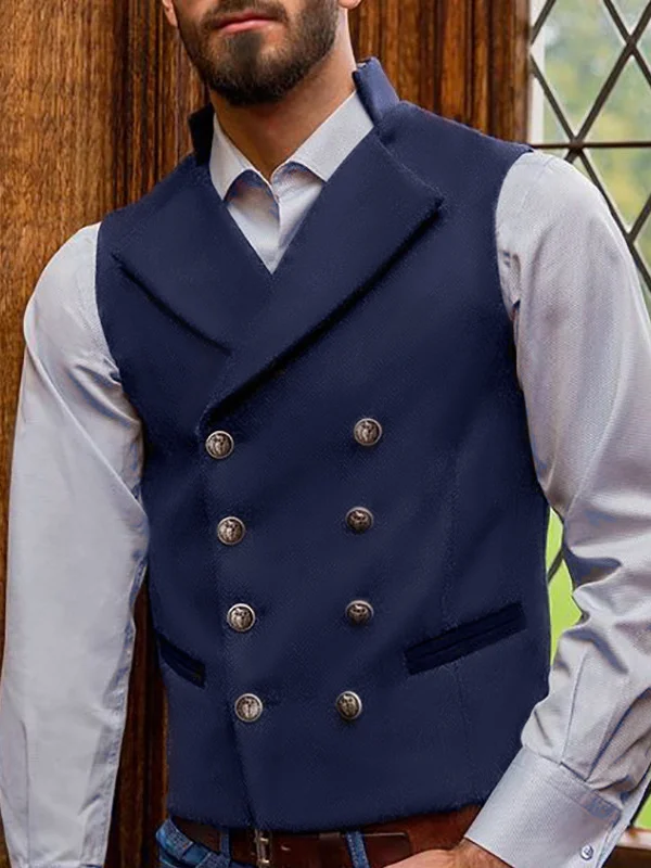 Men's Solid Color Cardigan Lapel Double-breasted Vest