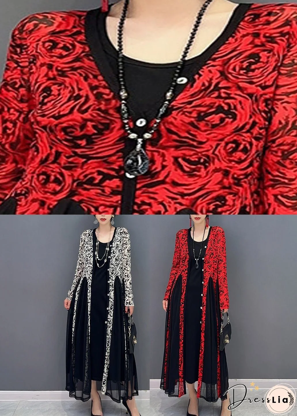 French Red O-Neck Print Tulle Maxi Dresses Spring