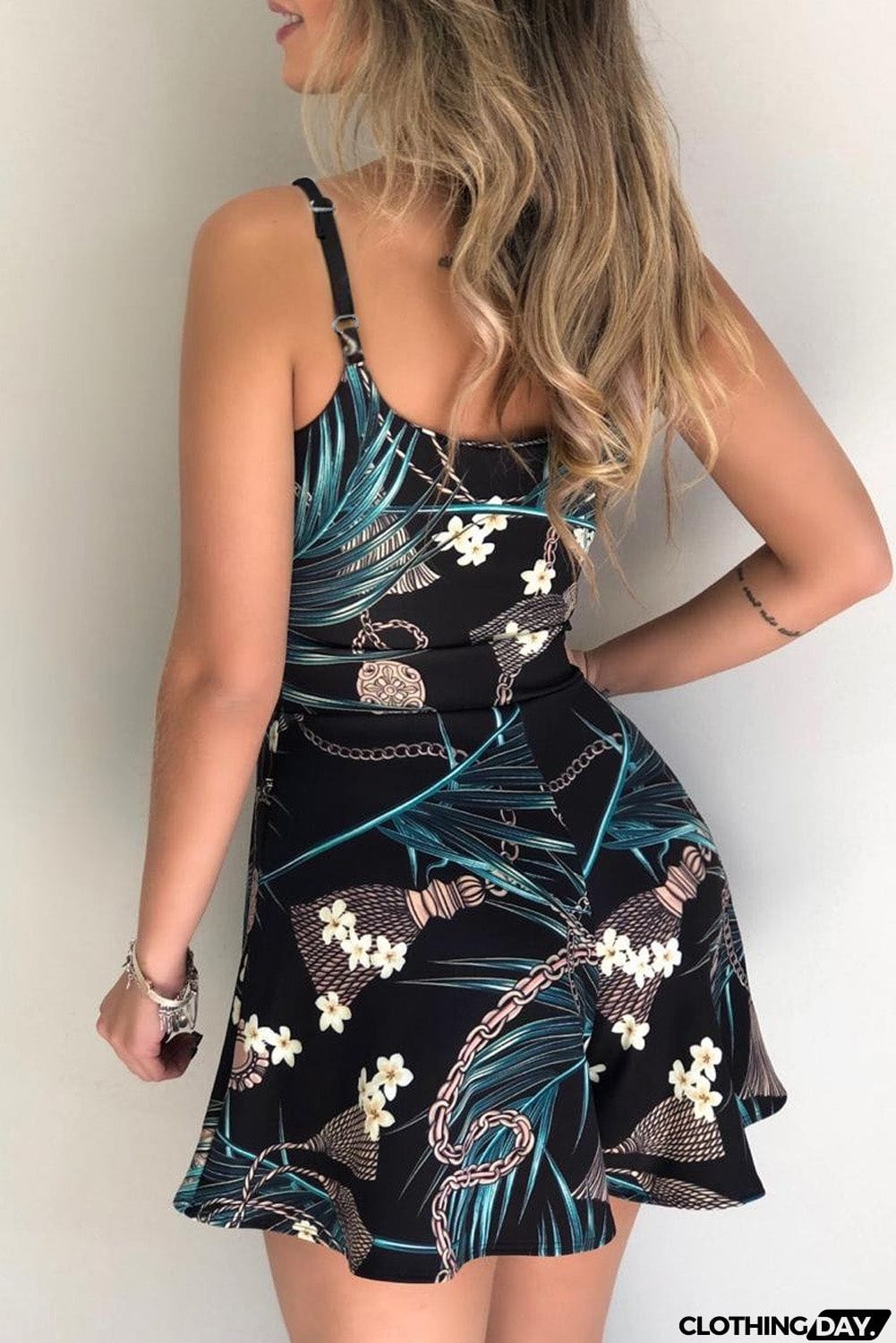 Navy Floral Print Spaghetti Straps Playsuit