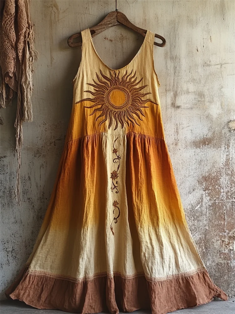 Simpfit Litha Midsummer Sun – Midikleid aus Nachahmung aus Baumwolle und Leinen mit BlumenDrucken und Farbverlauf