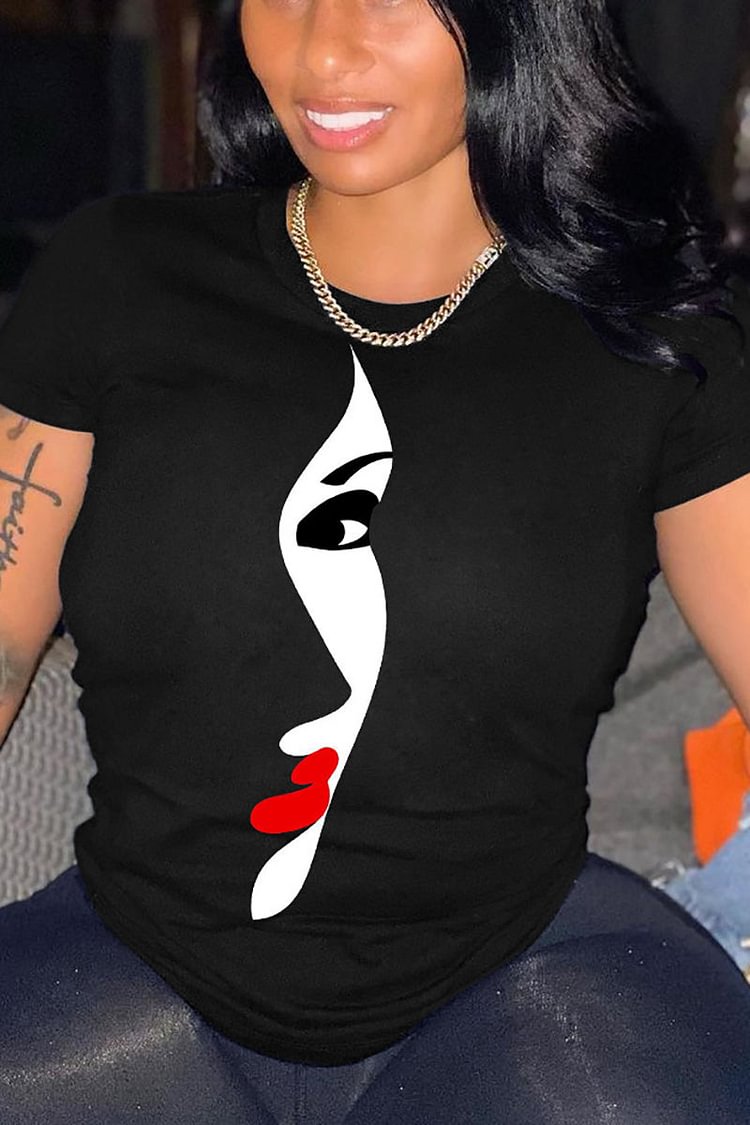 Plus Size Casual Print Graphic O Neck T-Shirt