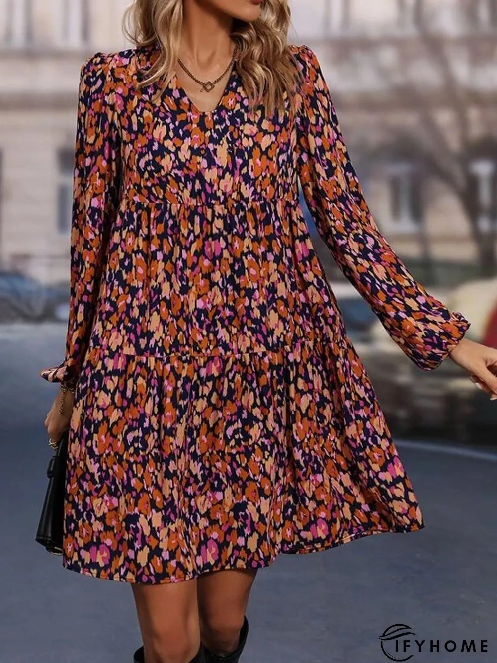 V Neck Loose Vacation Floral tunic Dress | IFYHOME