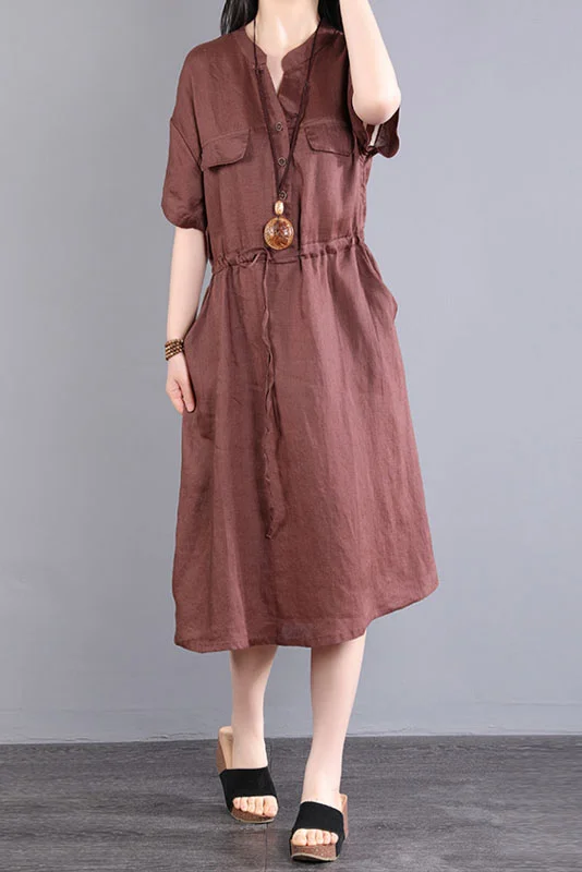 Plus Size-Summer Short Sleeve Linen Frenulum Dress Solid Cotton Linen Long Dress