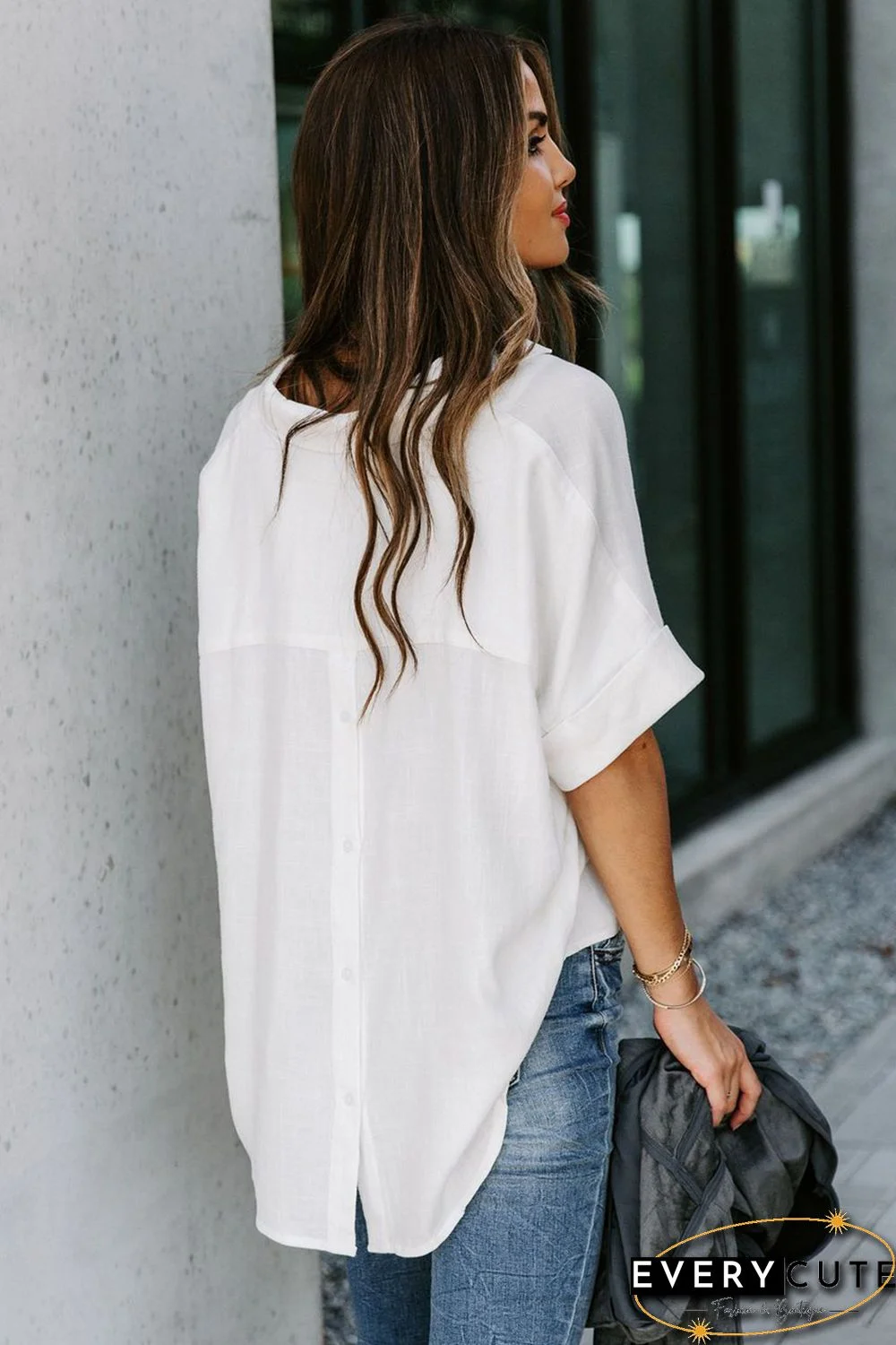 White Short Sleeve Button Solid Shirt