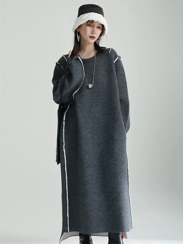 Casual Long Sleeves Loose Solid Color Round-Neck Sweater Dresses