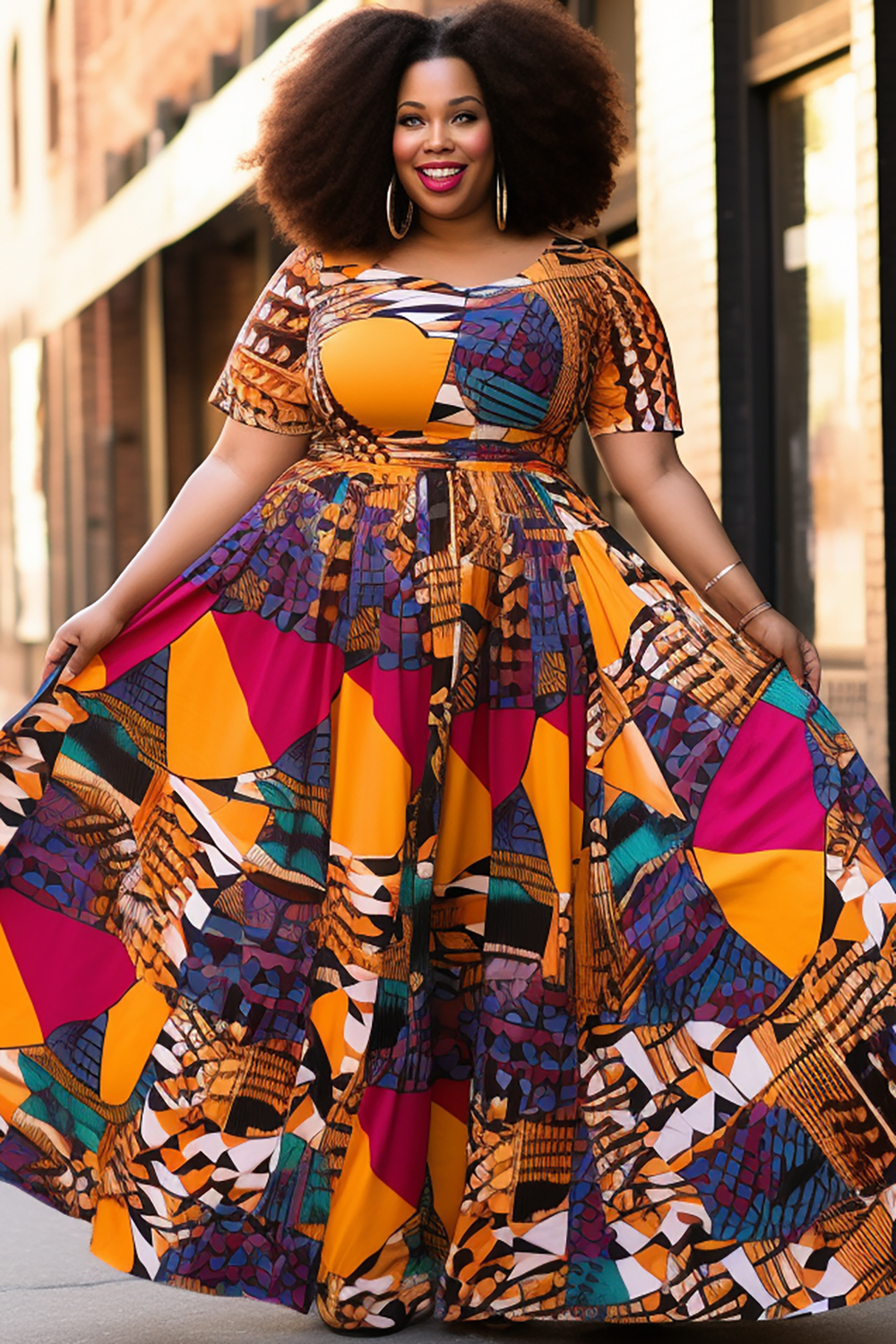 Design Plus Size Multicolor Ankara Round Neck Short Sleeve Knitted Maxi Dresses [Pre-Order]