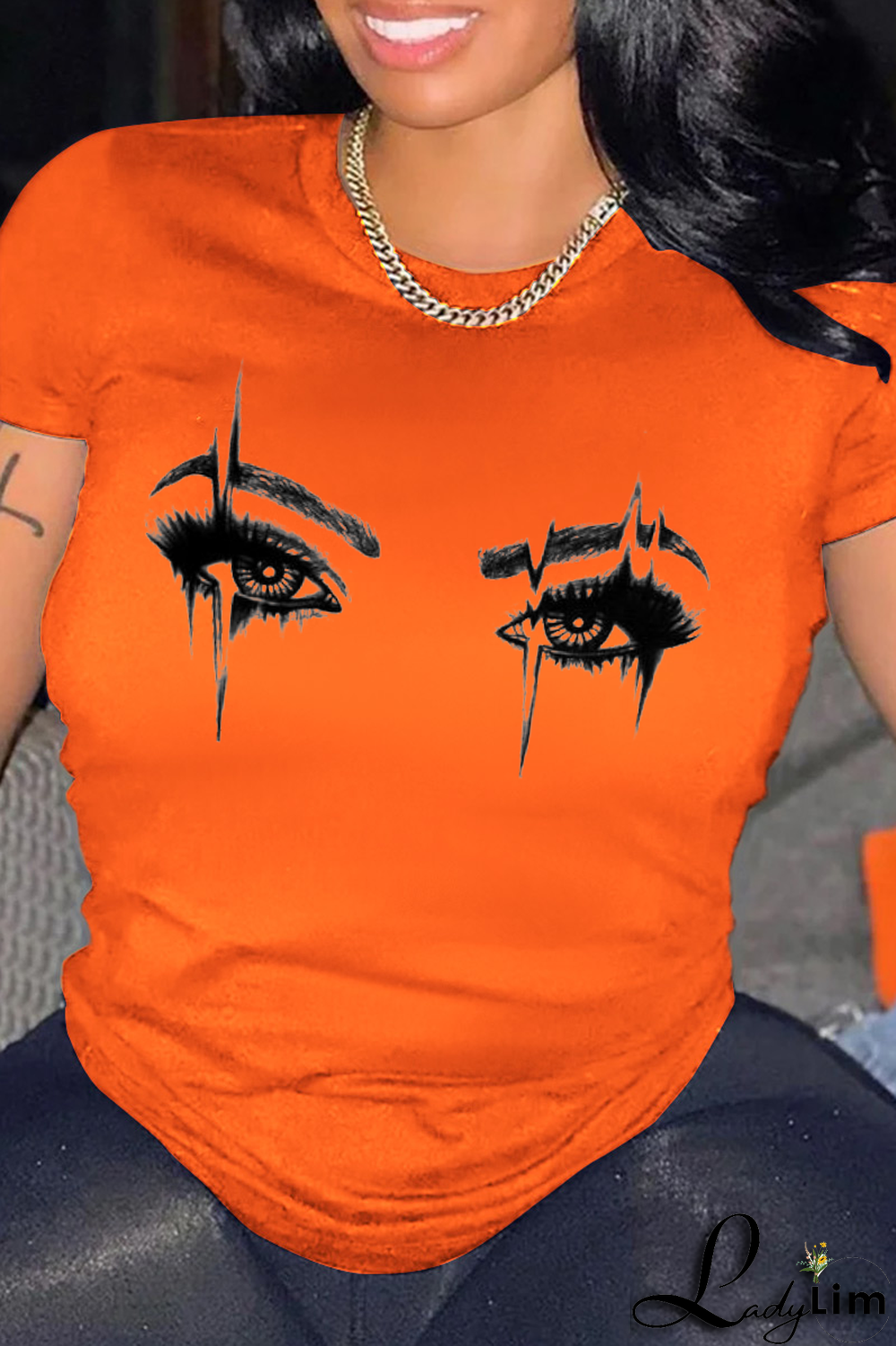 Orange Casual Daily Eyes Printed Patchwork O Neck T-Shirts