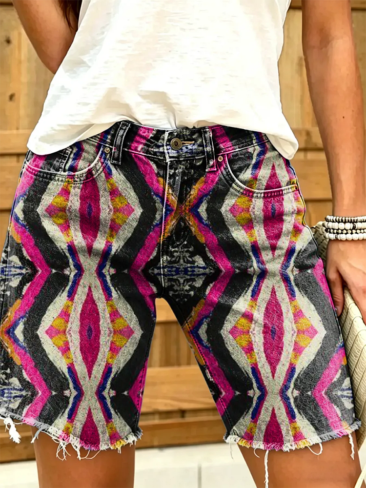 Women's Bohemian Floral Art Print Frayed-Hem Denim Bermuda Shorts