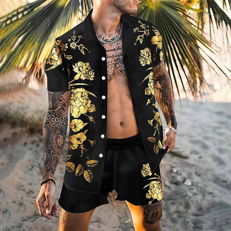 BrosWear Hawaiian Golden Rose Shirts And Shorts Beach Two Piece Set