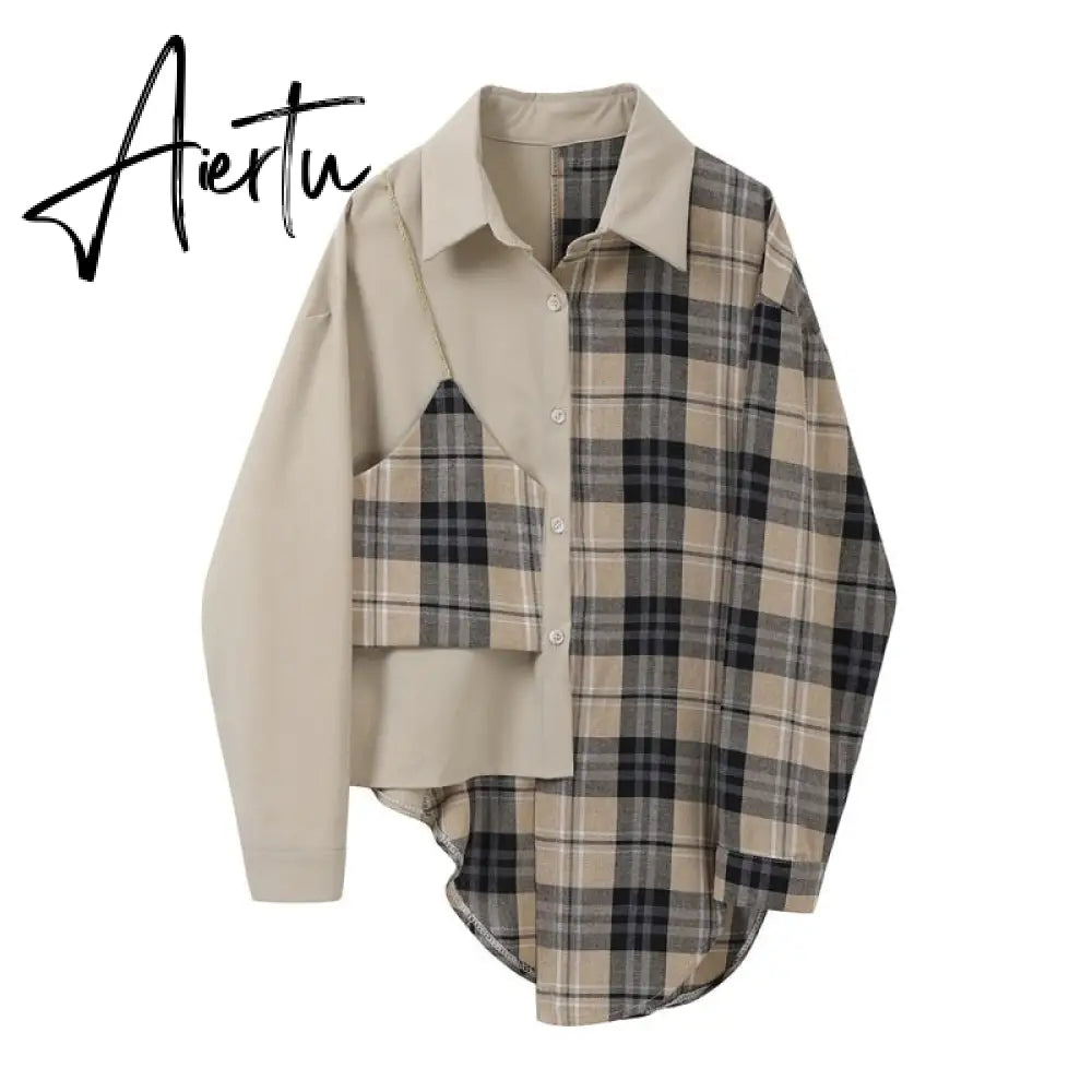Women Plaid Irregular Split Joint Blouse New Lapel Long Sleeve Loose Fit Shirt Fashion Tide Spring Autumn 1Z091 Aiertu