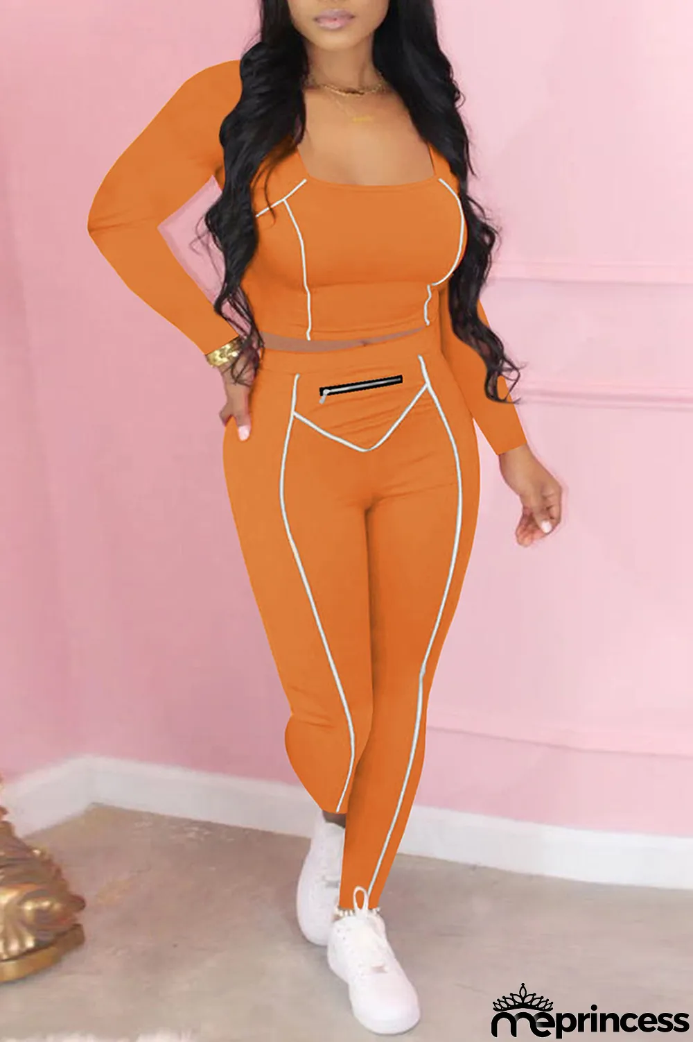 Tangerine Red Casual Solid Split Joint Zipper U Neck Long Sleeve Two Pieces