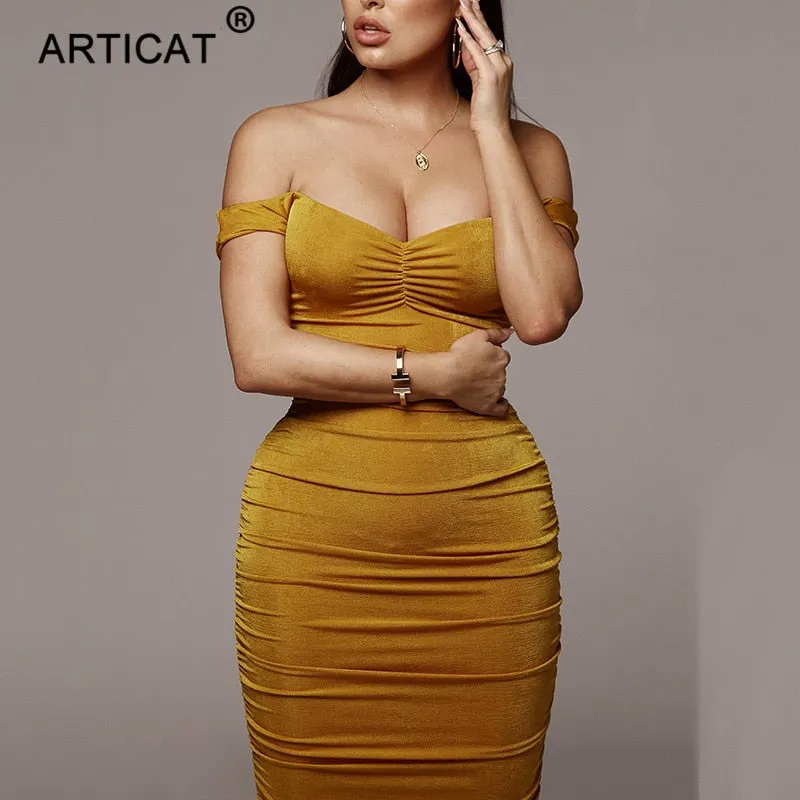 Articat Off Shoulder Strapless Sexy Party Dress Women Sleeveless Backless Bodycon Long Ruched Summer Dress Black Casual Dress