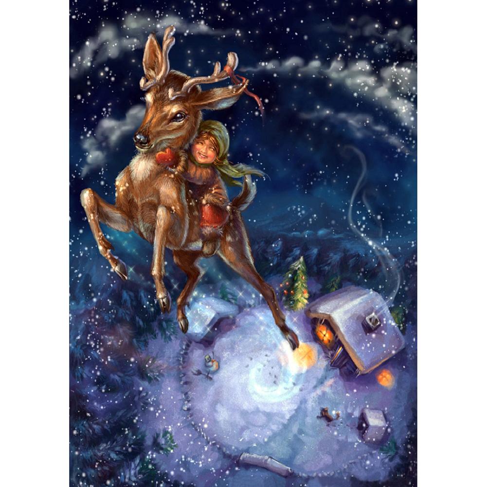 

30x40cm Round Drill Diamond Painting-Snow House Elk, 501 Original
