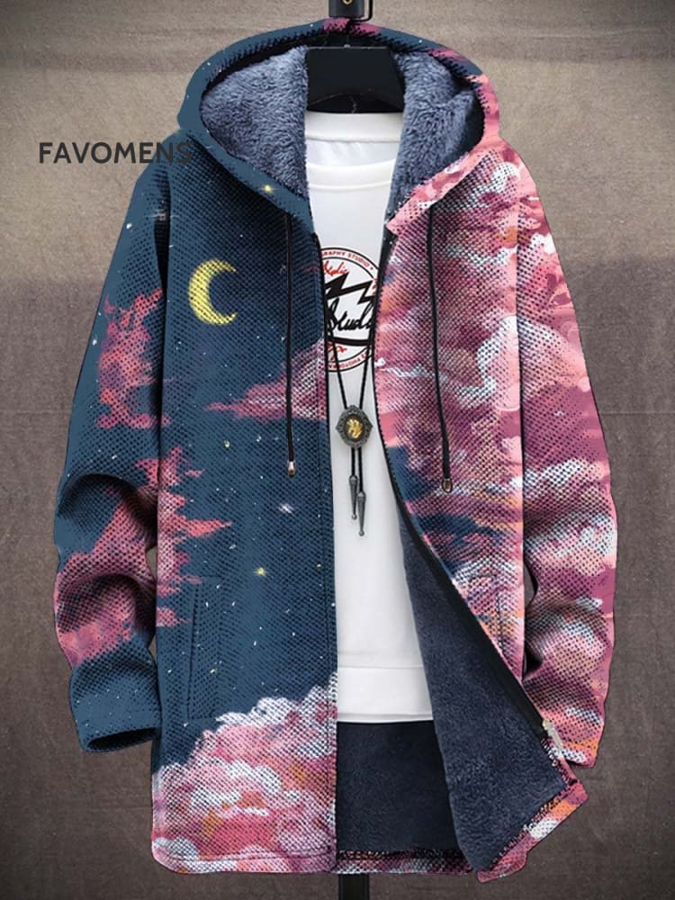 Unisex Plush Thickened Long Sleeve Pink Cloud Moon Starry Sky Cardigan Jacket Multicolor / S