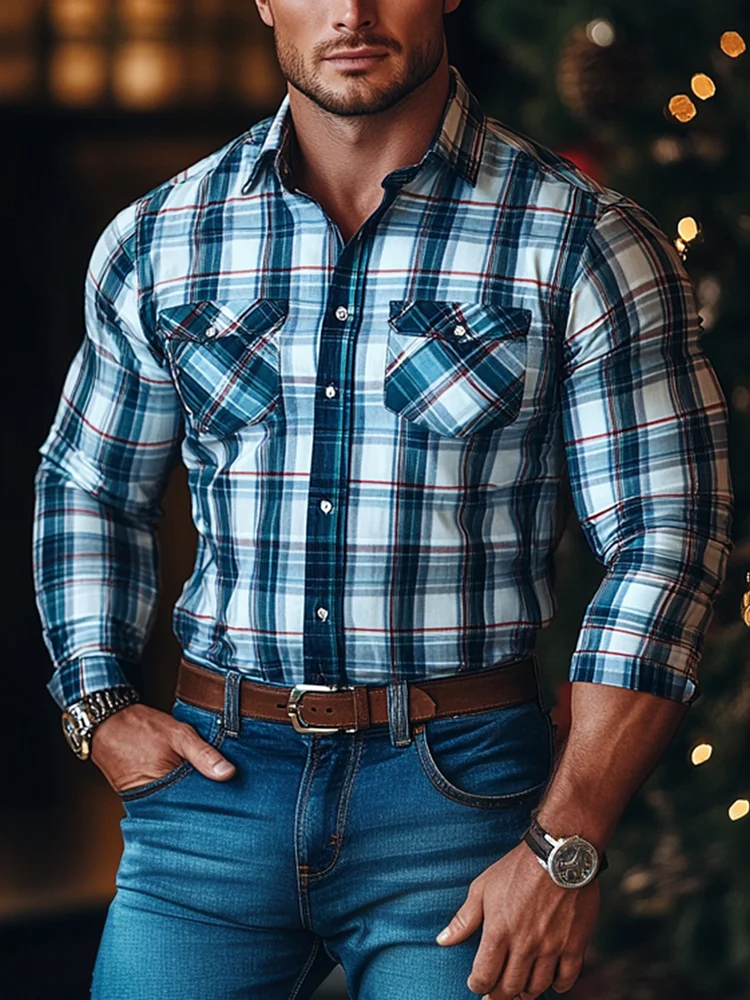 Men's Christmas Plaid Casual Long Sleeve Shirt