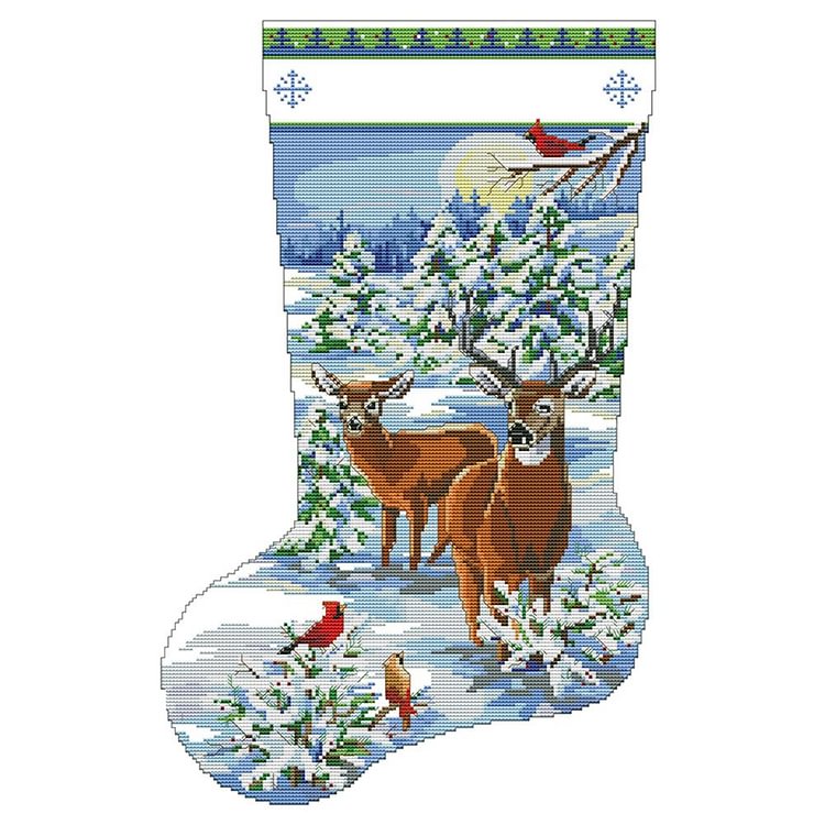 Joy Sunday - Elk Xmas Socks - 14CT 2 Strands Threads Printed Cross Stitch Kit - 34x50cm(Canvas)