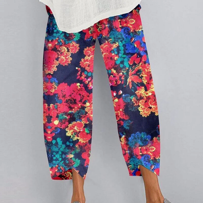 Summer Fashion Loose Plus Size Elastic Waist Cropped Pants Casual Irregular Wide Leg Pants Multi-color Print Cotton Linen Pants