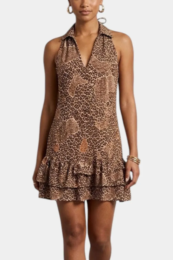 Leopard-Print Halter Dress with Ruffled Hem