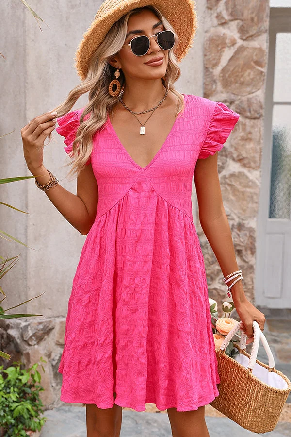 Solid Deep V Neck Ruffle Sleeve Mini Dress