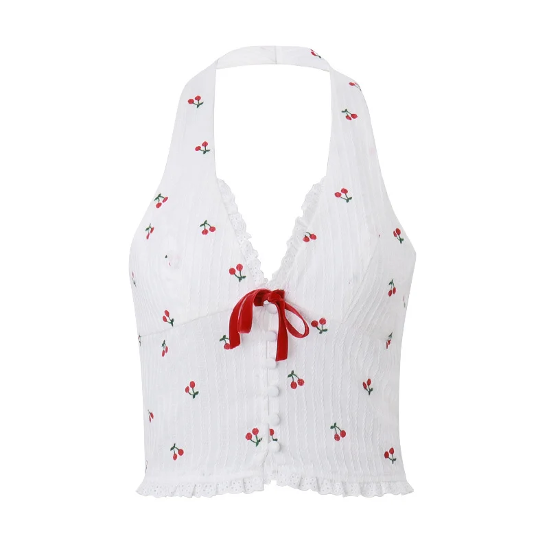 Uveng Uveng Women's Wear 2024 Summer New Fashion Temperament Sexy V Neck Neck Cherry Print Flowers And Trees Ear Vest