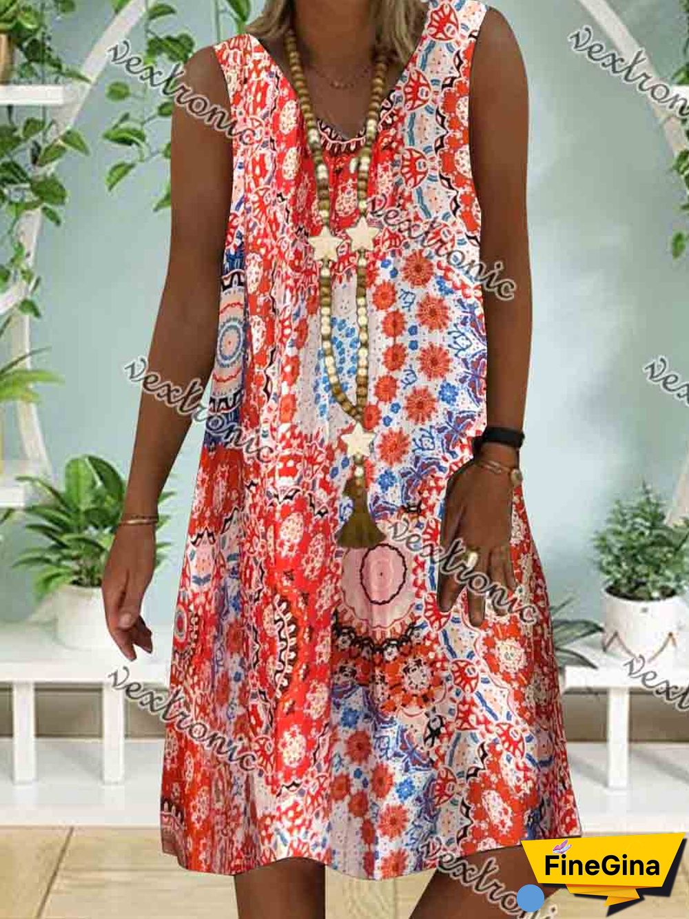 Women Casual Sleeveless V-neck Floral Printed Midi Dress