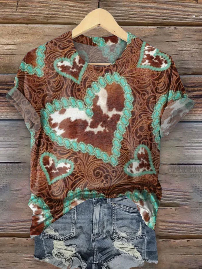 Vintage Turquoise Heart Print T-shirt
