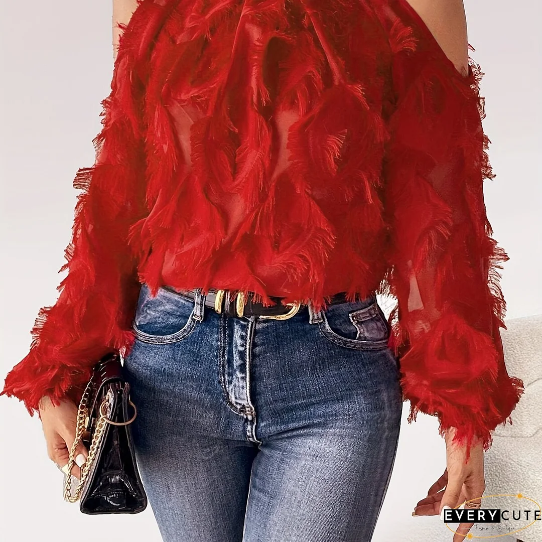 Plus Size Fringe Trim Top, Casual Cold Shoulder Long Sleeve Top, Women's Plus Size Clothing