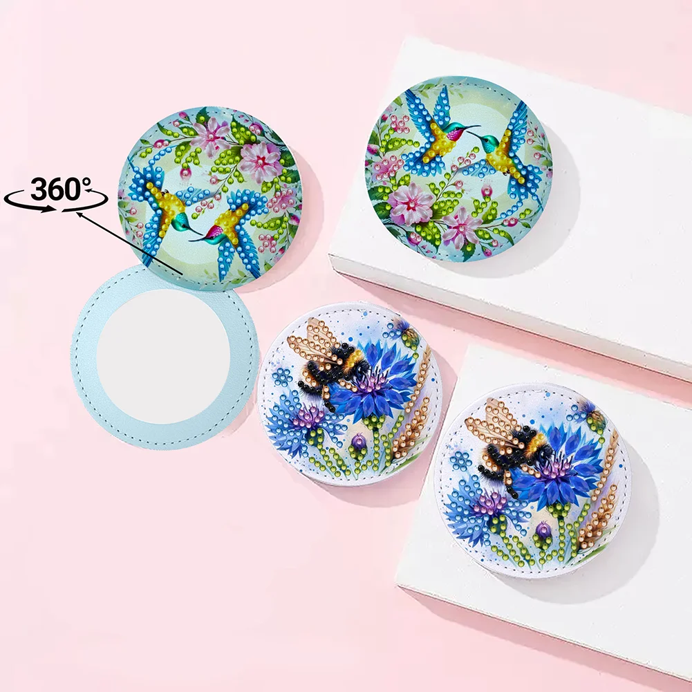 DIY Diamond Art Portable Cosmetic Mirror Round Diamond Painting Crafts (Insect)
