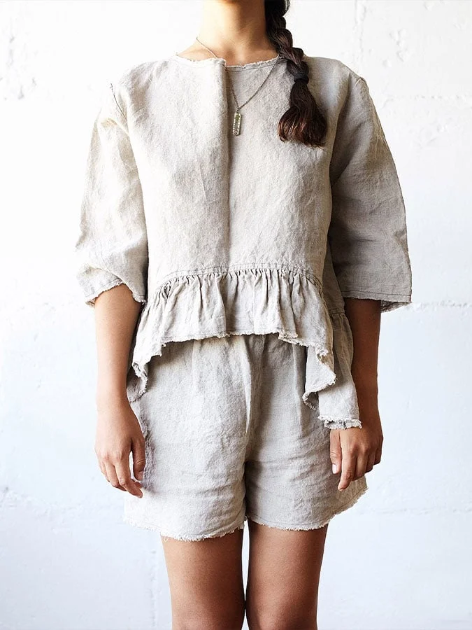 Women's cotton and linen ruffled casual two-piece suit