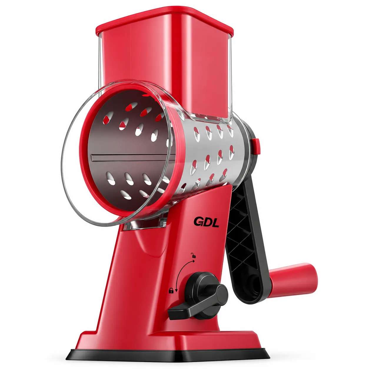 GDL PS-336S red rotary cheese grater with black GDL mark