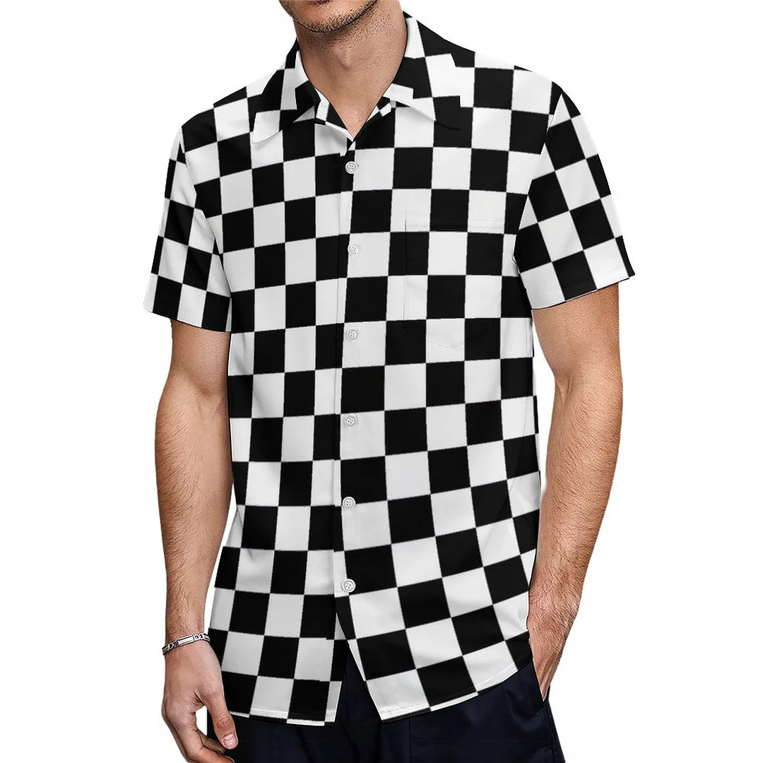 Cool Black And White Checkered Flag Pattern Print Hawaiian Shirt Mens Button Down Tropical Hawaii Beach Shirts