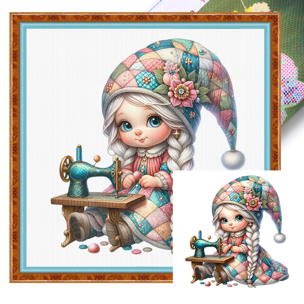 Sewing Machine Gnome Girl Full 16CT Pre-stamped Canvas(40*40cm) Cross Stitch