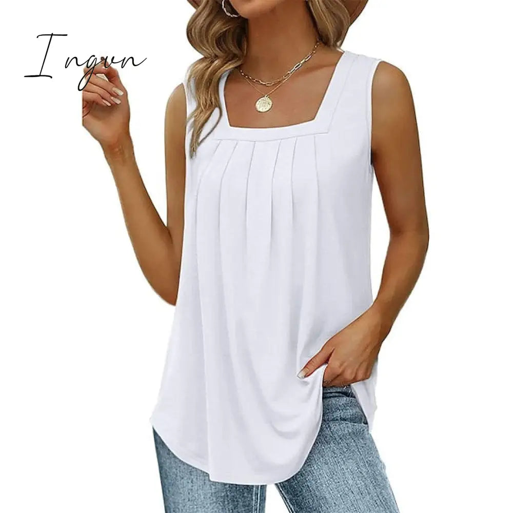 Ingvn - Women’s Tank Pleated Solid / Plain Color Basic Square Neck Sleeveless Summer Wine Red