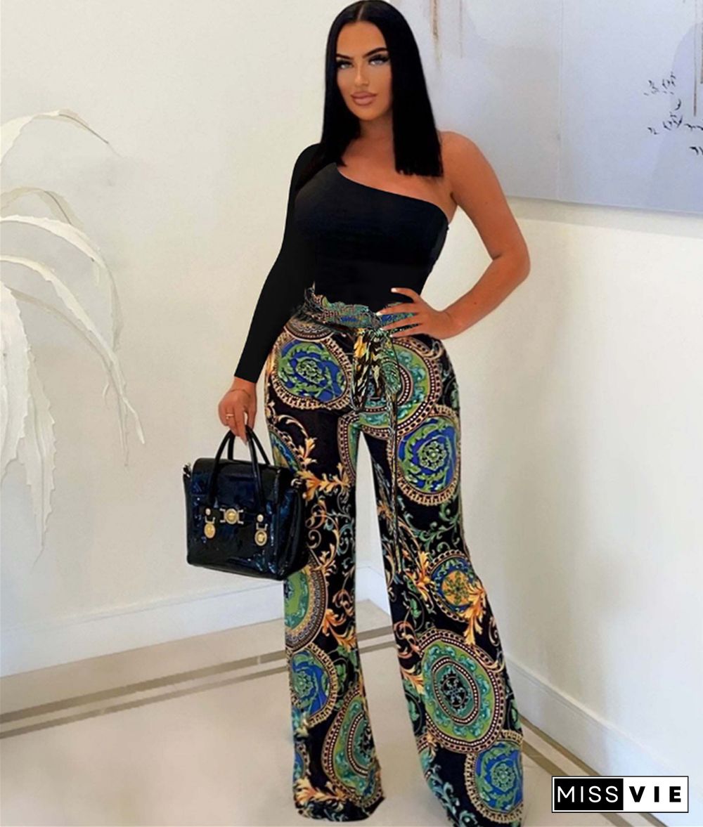 Single Shoulder Patchwork Lace Up Wide Leg Jumpsuits