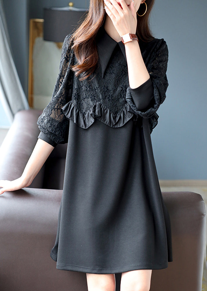 VCSHOES Black Peter Pan Collar Ruffled Lace Patchwork Mid Dress Top Fall