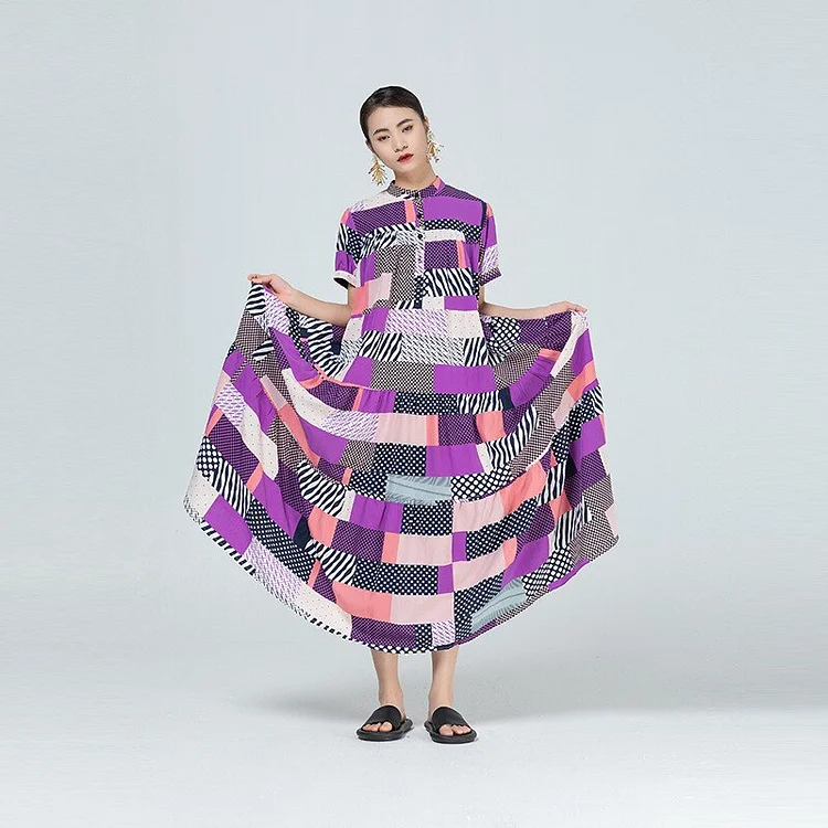 Vintage Half Stand Collar Multicolor Quadrilateral Printed Short Sleeve Dress 