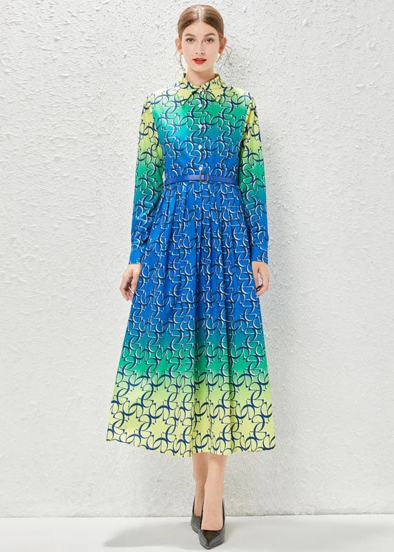 Bohemian Gradient Color Print Patchwork Sashes Chiffon Exra Large Hem Dress Fall