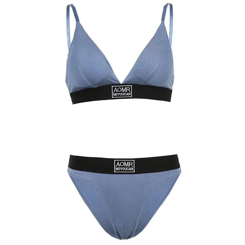 HEYounGIRL Casual Black Seamless V Neck Bra and Panty Set Embroidery Letter Sexy 2 Piece Lingerie Sets Women Sporting Summer