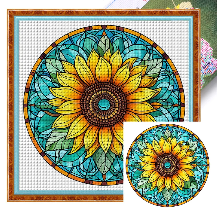 【Huacan Brand】Glass Art - Flower Sunflower 18CT Stamped Cross Stitch 25*25CM