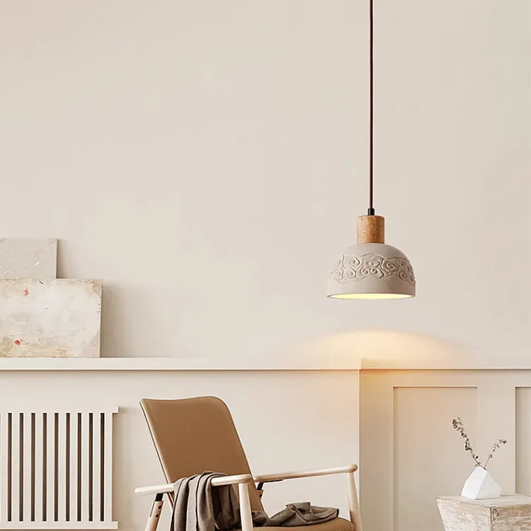 Contemporary Scandinavian Dome Cement Wood 1-Light Pendant Light For Living Room