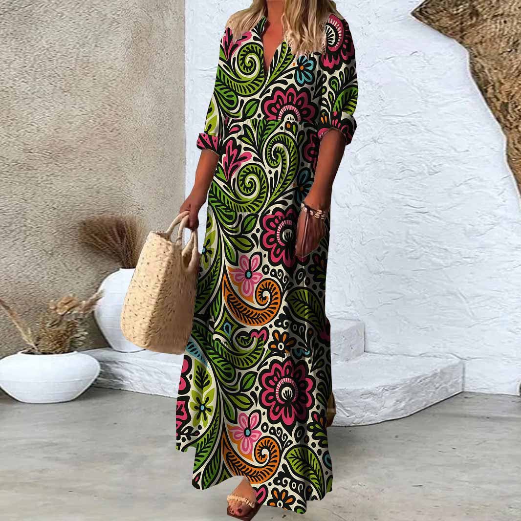 Women Flowers, Red, Green DZDN0375 SPU Printed Long Sleeve V-neck Maxi Dress