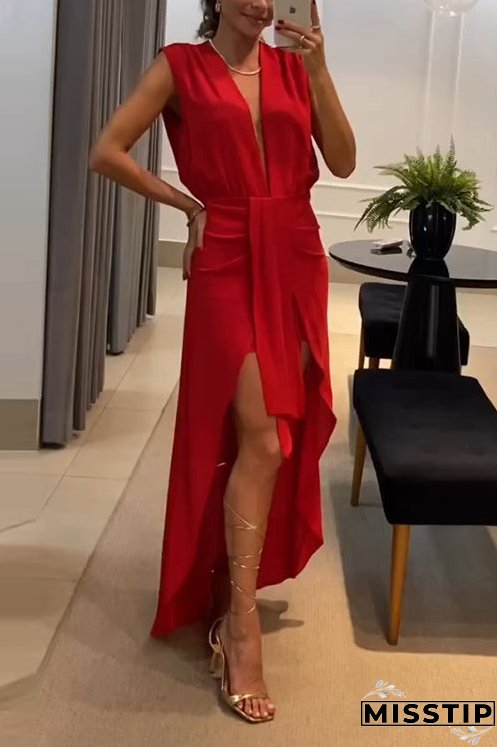 Deep V Neck Drape Front Sleeveless Swallowtail Maxi Party Dress