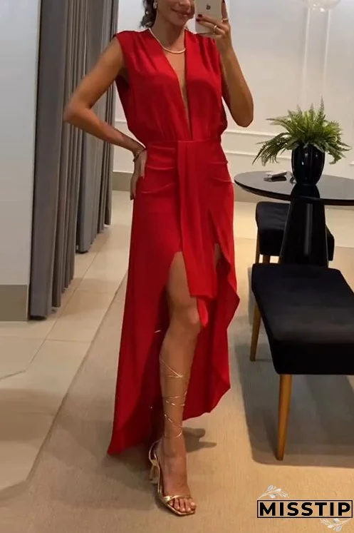 Deep V Neck Drape Front Sleeveless Swallowtail Maxi Party Dress