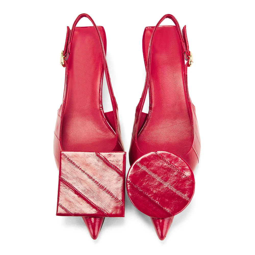 Pointed Toe Low Heel Asymmetric Embossed Slingback Red Pumps